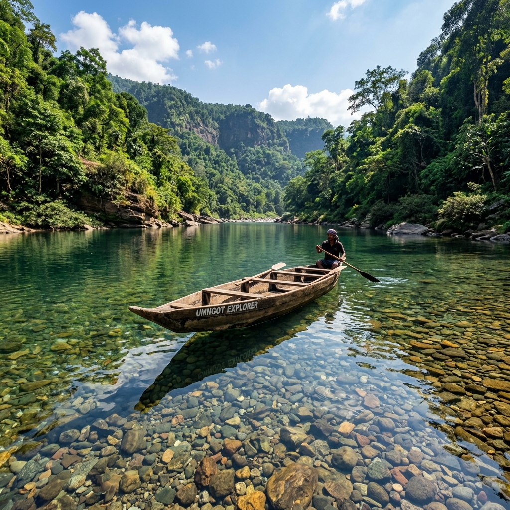 Boats on the clear waters of the Dawki river in Meghalaya